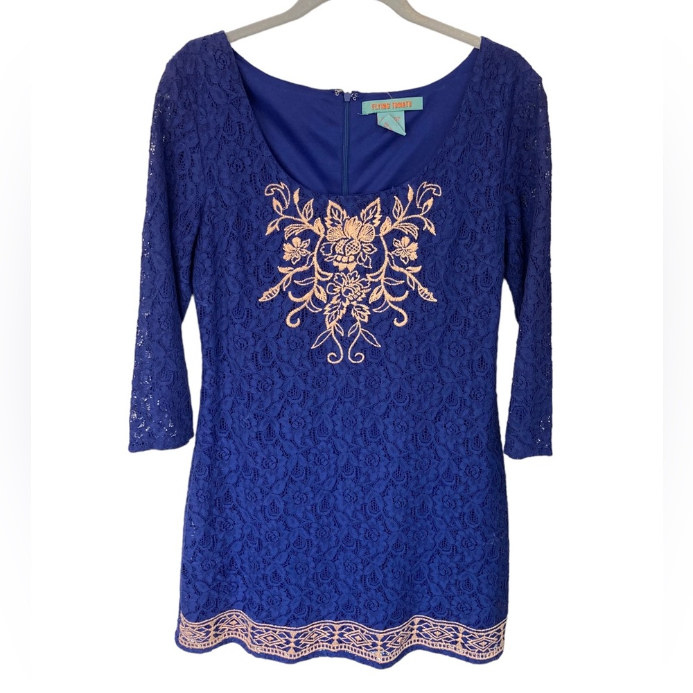 Flying Tomato Embroidered‎ Lace Dress Tunic Size Large Navy.